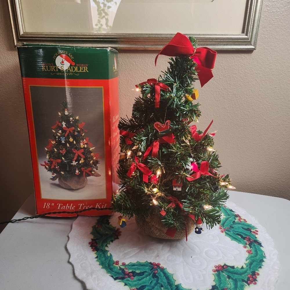 Kurt S.  Adler VTG 18" Table Top Christmas Tree Kit Ornaments Bows Lights Burlap